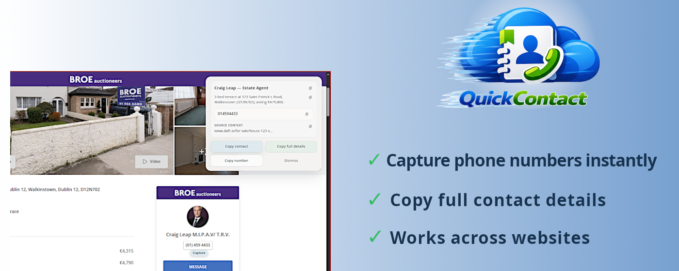 QuickContact Browser Companion captures phone numbers, copies contact details and works across websites.